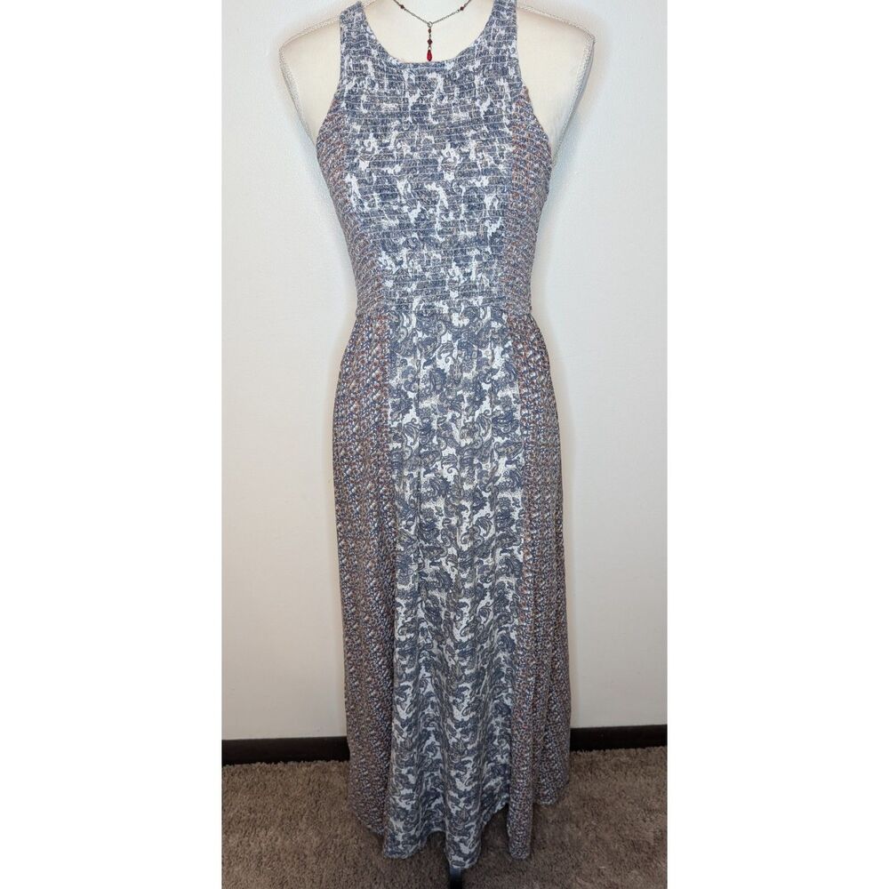 Japna Blue Paisley Smocked Racerback Maxi Dress High Neck Boho Mixed Print